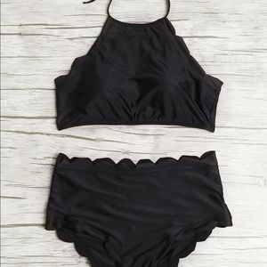 Scalloped high waisted halter bathing suit
